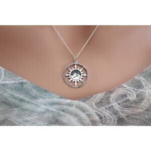 Sterling Silver Compass Pendant with Mountain Center Charm Necklace